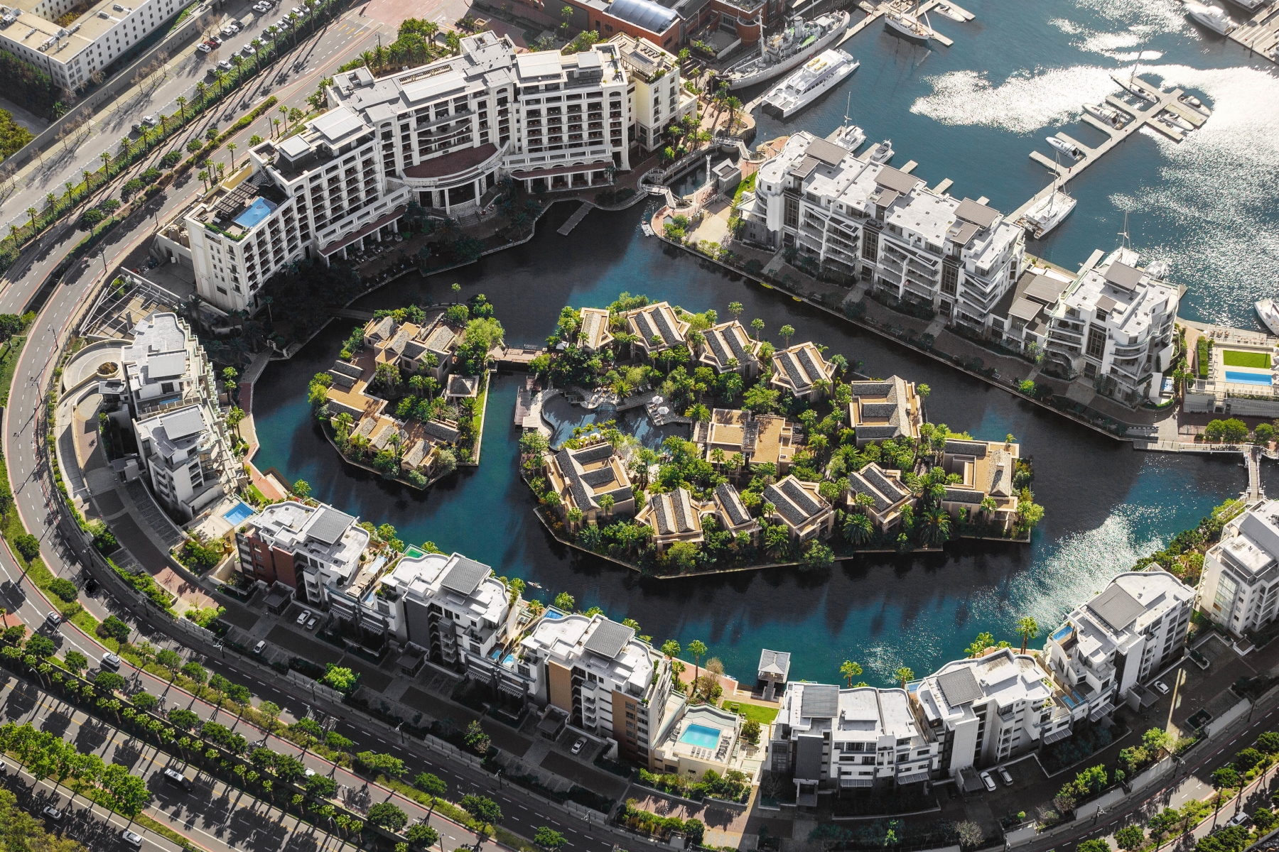 One&Only-Cape-Town-Birds-Eye-View An aerial view of the One&Only Cape Town’s private island and marina, a standout among luxury hotels in Cape Town